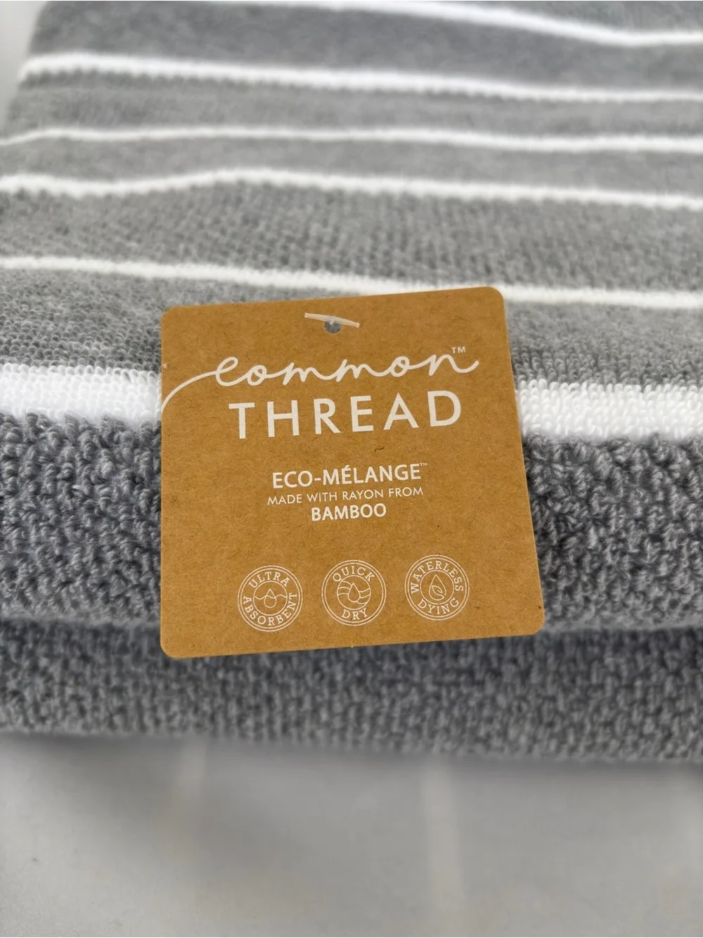 NWT 2Pc Common Thread Bamboo Eco-Melange Charcoal Grey White Striped Bath Towels